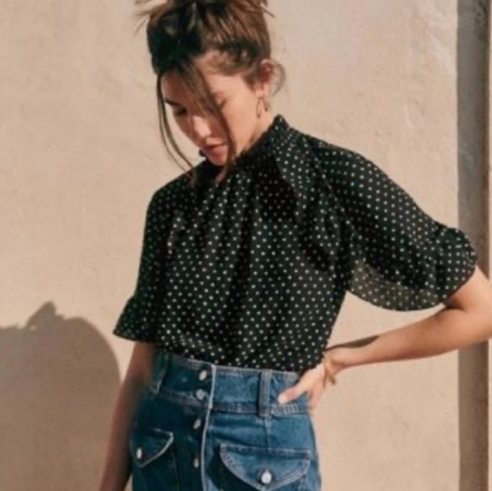 Sezane Black and White Puff Sleeve Blouse